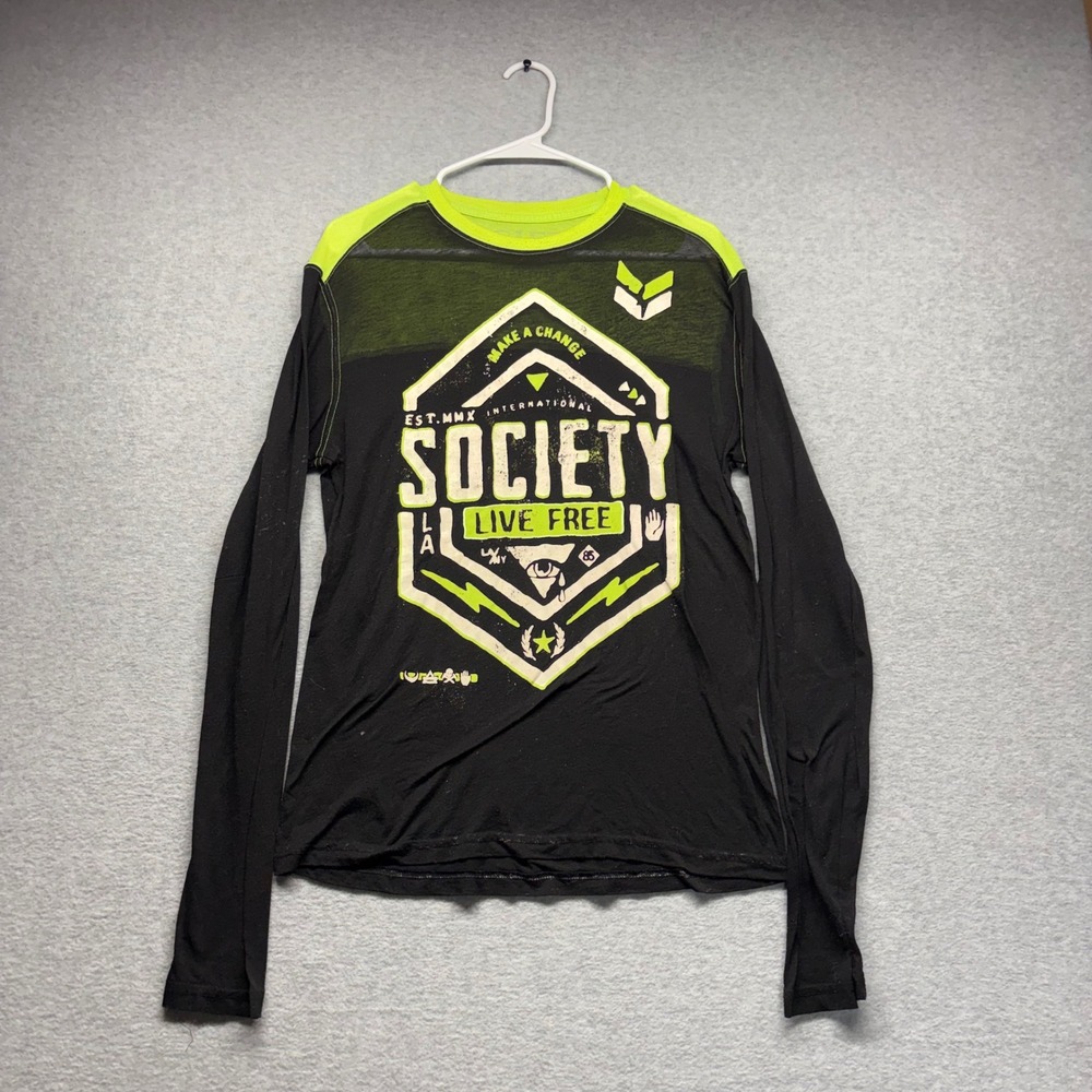 Society Clothing Womens M Black Lime Green Long Sleeve Live Free Graphic Tee